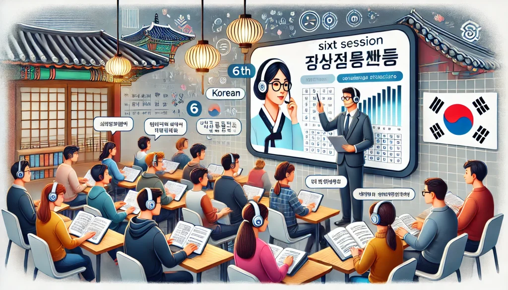 جلسه ششم آموزش زبان کره‌ای تسلط بیشتر بر جملات پیچیده و مکالمات پیشرفته A modern and engaging digital illustration representing the sixth session of a Korean language course. The image features a classroom or an online